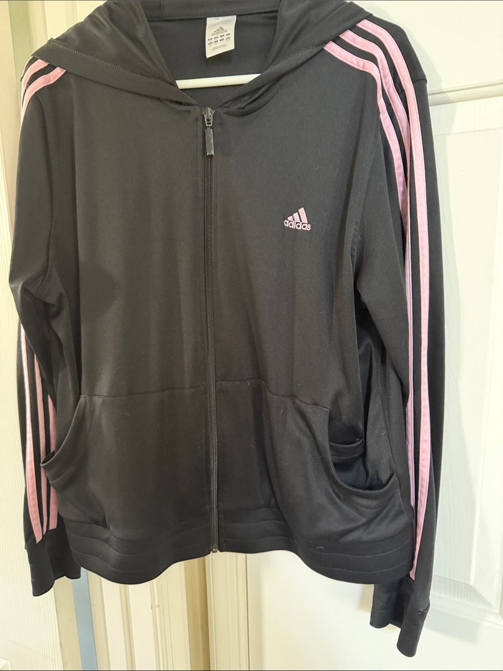 adidas Black Hoodie Jacket with Pink Stripe Accents